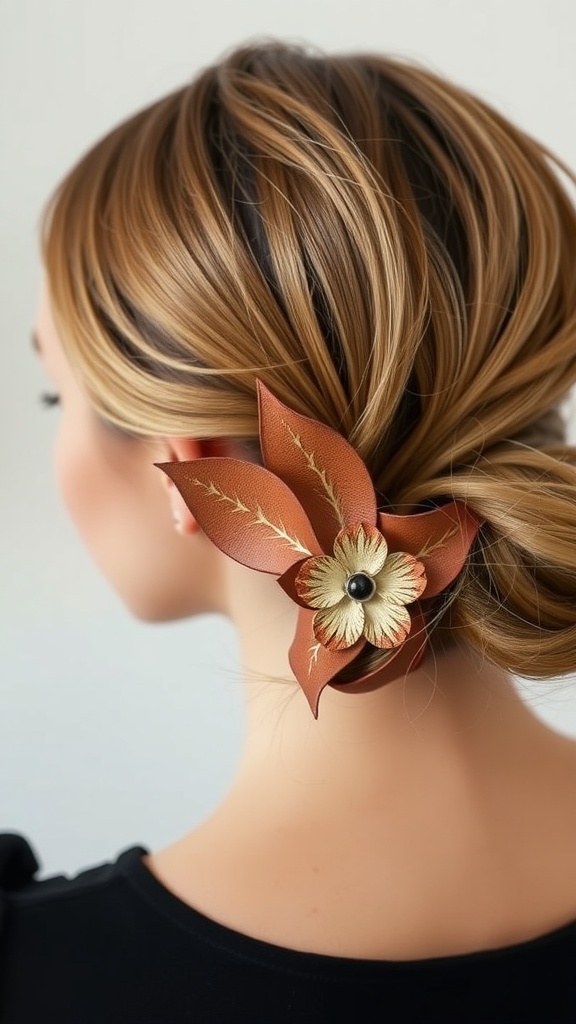 A leather hair clip next to the word 'HAIR' on a textured surface.