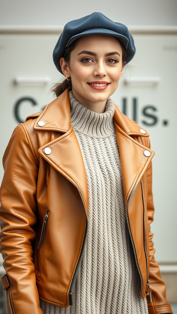 A woman wearing a caramel leather jacket over a chunky knit sweater dress, complemented by a stylish cap.