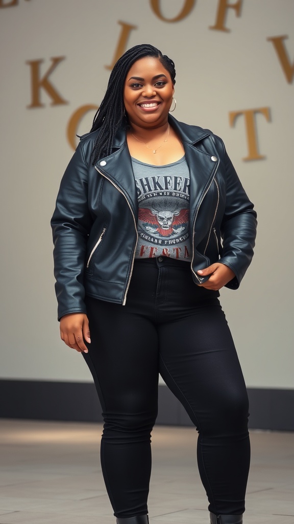 A woman wearing a leather moto jacket over a graphic tee and black jeans, smiling confidently.