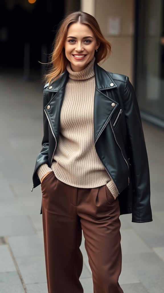 A woman wearing a leather moto jacket, beige turtleneck, and brown wide-leg pants, smiling outdoors.