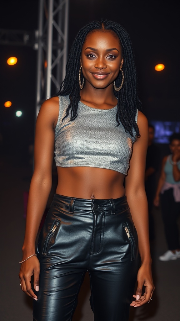 A woman wearing a metallic crop top and leather pants, smiling confidently at a concert.