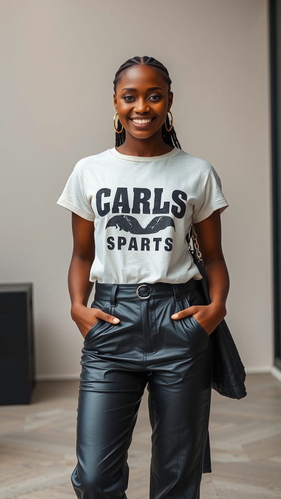 A woman wearing a graphic tee and black leather pants, smiling confidently.