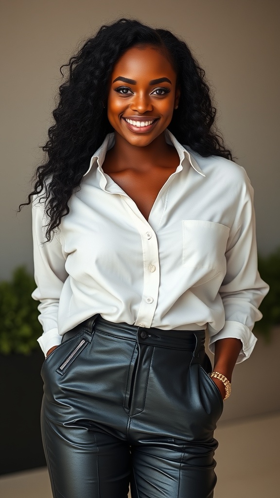 A woman smiling while wearing an oversized button-down shirt and leather pants.