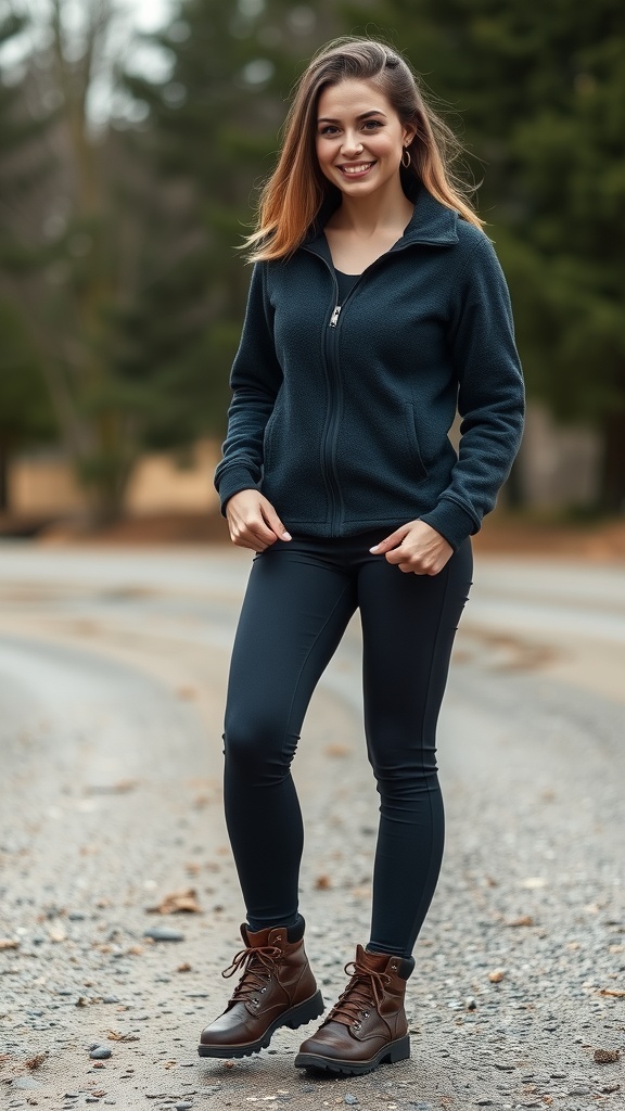 A woman wearing black leggings and brown hiking boots, smiling in a forested area.