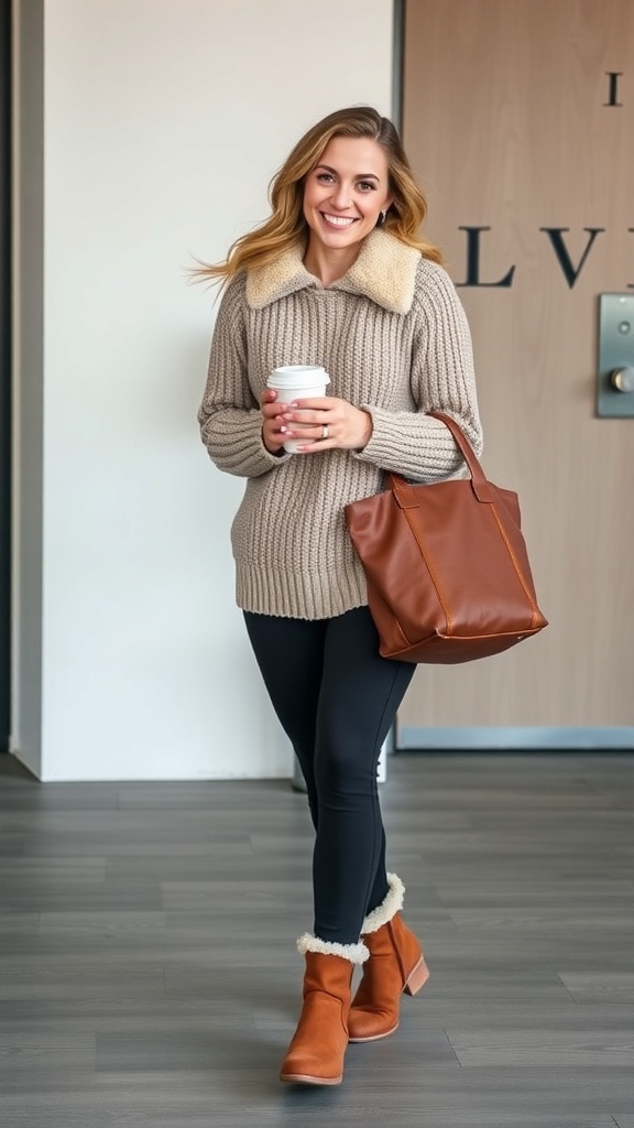 A woman smiling while wearing a cozy sweater, leggings, and sherpa boots, holding a coffee cup.