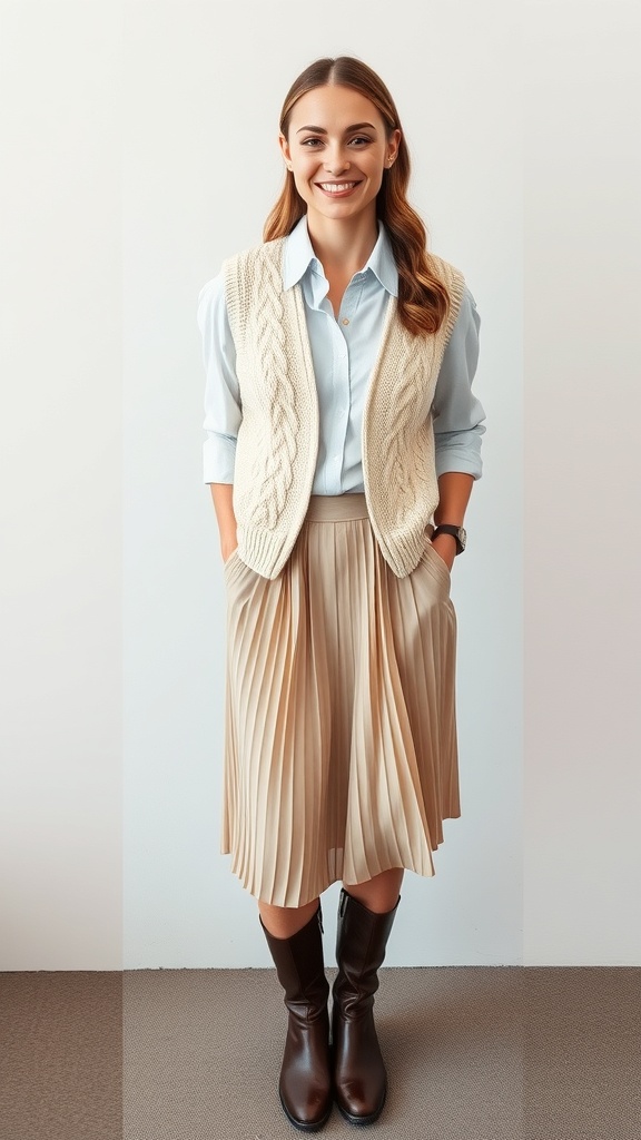 A woman wearing a knitted vest over a light blue shirt and a pleated skirt, styled with knee-high boots.