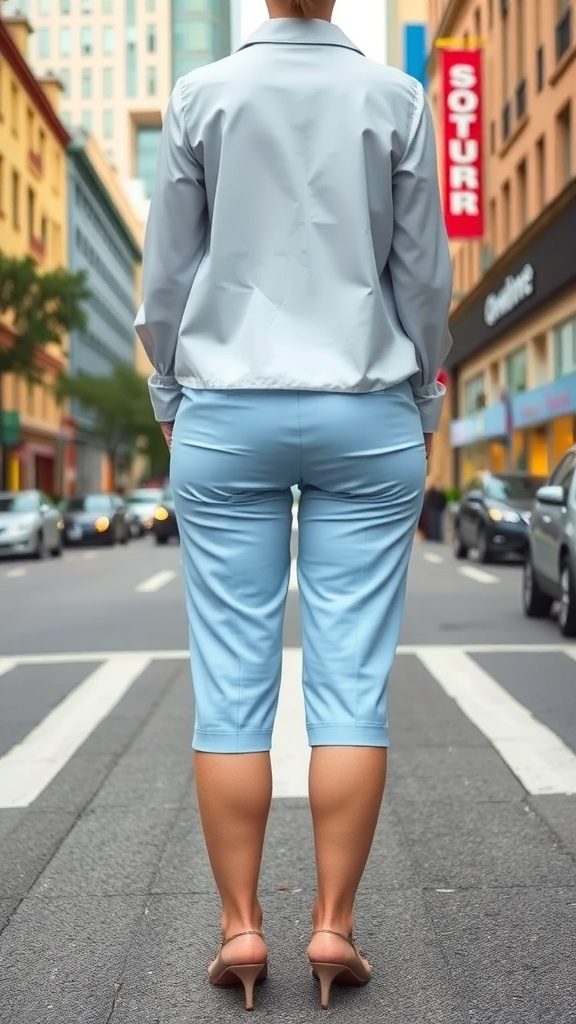 A woman wearing light blue tailored shorts and a blouse, standing on a city street.