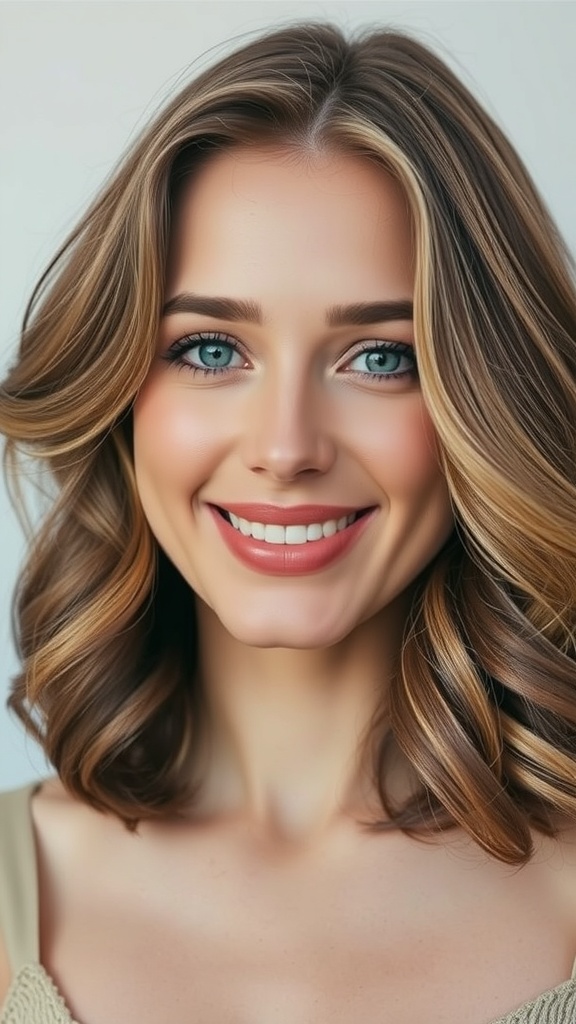 A woman with light brown hair featuring rose gold highlights, smiling with a warm expression.