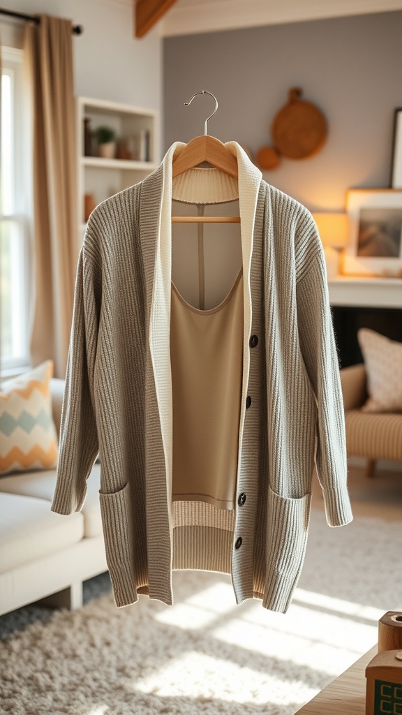 A lightweight cardigan hanging over a beige camisole, set in a cozy living room.