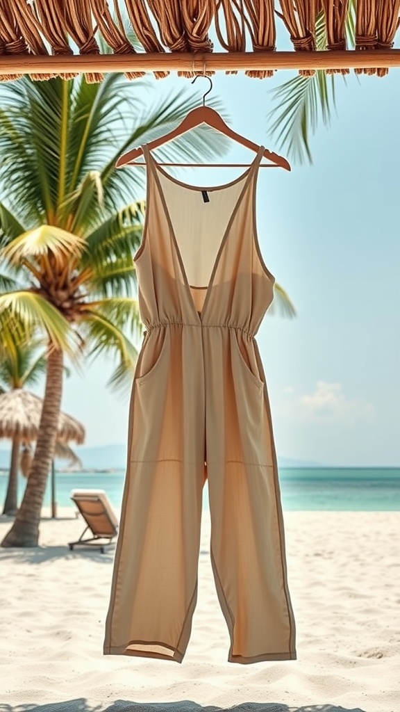 A lightweight beige jumpsuit hanging in front of a beach with palm trees