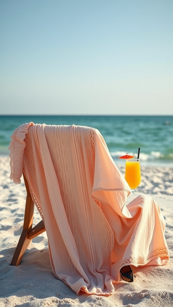 A peach lightweight kaftan draped over a beach chair next to a refreshing drink on the beach.