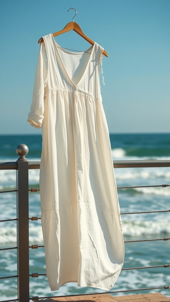 Lightweight linen dress hanging by the beach with ocean in the background