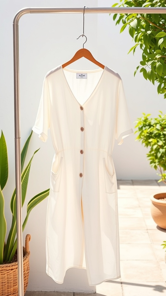 A lightweight linen jumpsuit hanging on a rack, featuring a button-down front and short sleeves, surrounded by greenery.