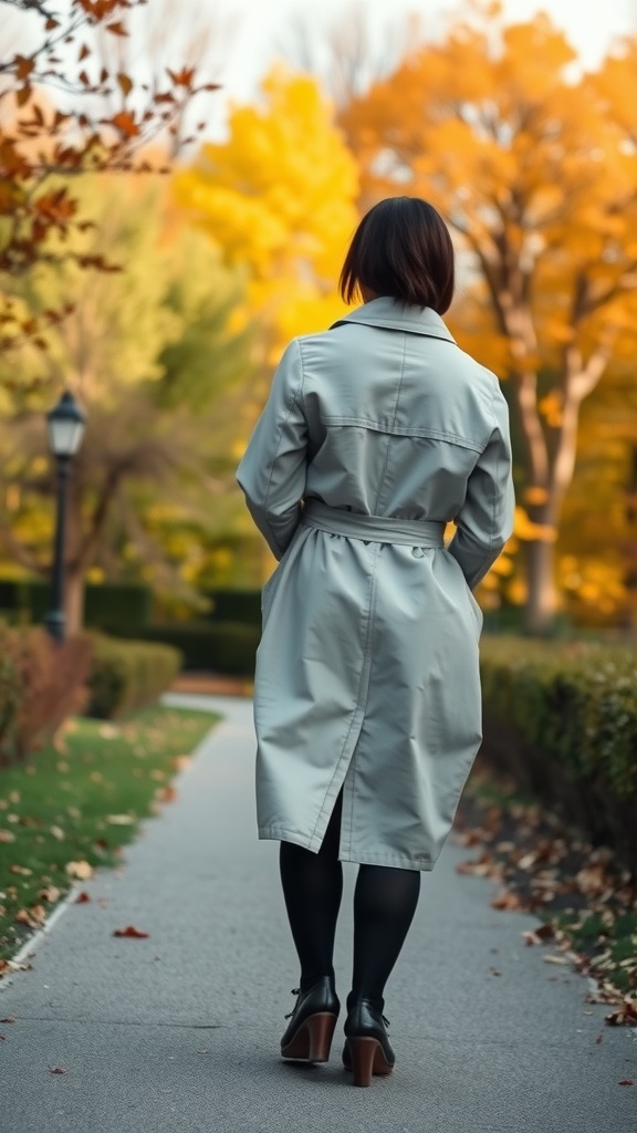 A woman wearing a lightweight trench coat and leggings, walking in a park with autumn foliage.