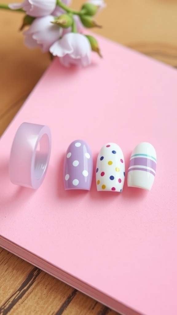 Nail art featuring lilac dots and stripes on pastel nails