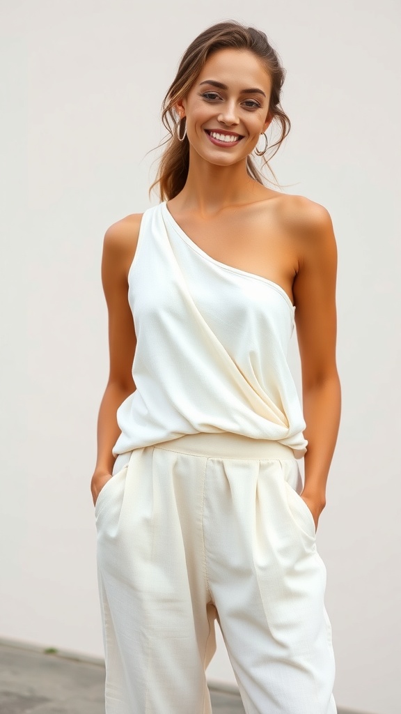 A woman wearing a linen one shoulder wrap top with palazzo pants, smiling against a neutral background.