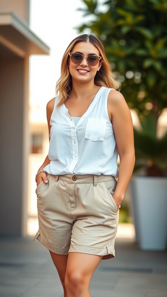 A midsize girl wearing linen shorts and a button-up tank top, smiling outdoors.