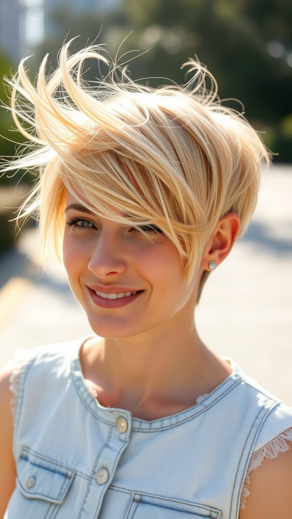 A woman with a long-top pixie cut styled with a side flip, smiling outdoors.