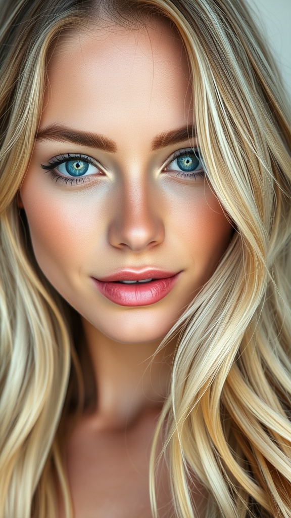 A close-up of a woman with long beachy blonde waves and striking blue eyes.