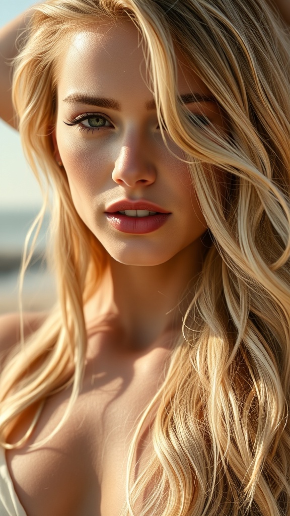 A woman with long beachy blonde waves, showcasing a fresh and modern hairstyle.