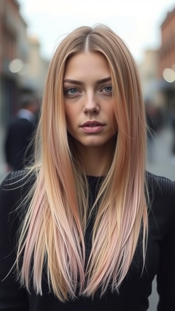 A woman with long blonde hair featuring pastel pink balayage, showcasing a blend of soft and bold colors.
