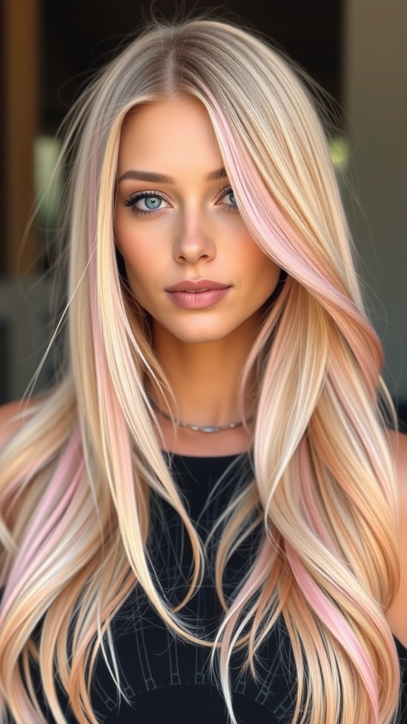 Long blonde hair with pink peekaboo layers, showcasing a blend of soft glam and bold color.