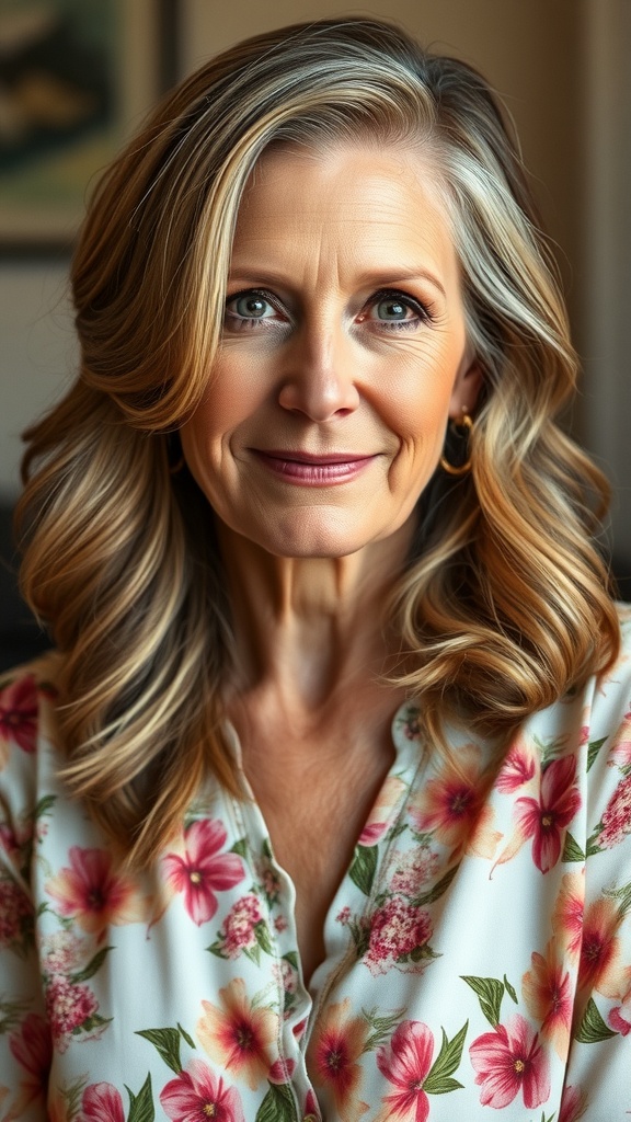 A woman with a long bob hairstyle featuring curtain layers, wearing a floral blouse.