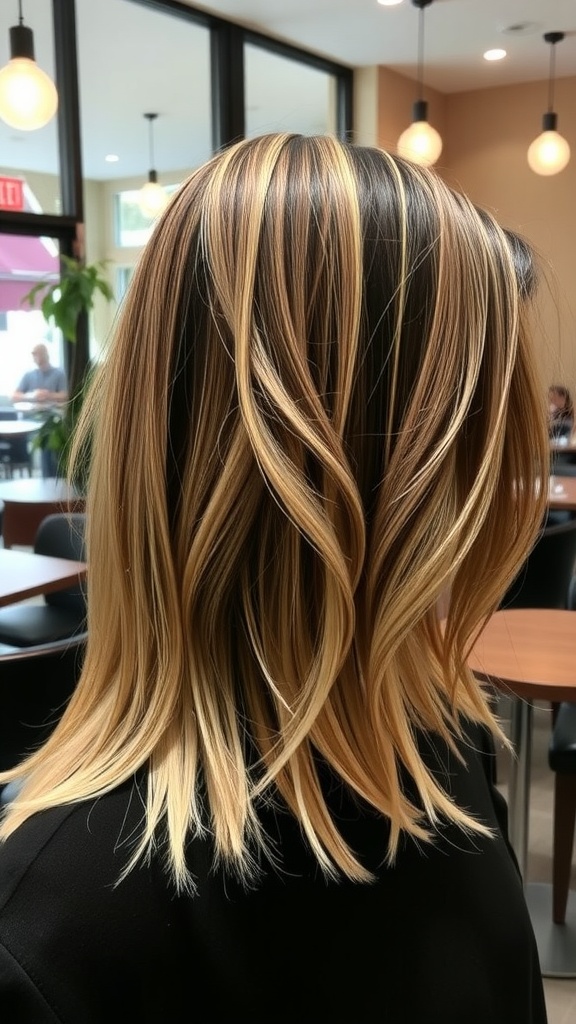 A stylish long bob haircut with subtle ombre, featuring dark roots and lighter ends, styled in soft waves.