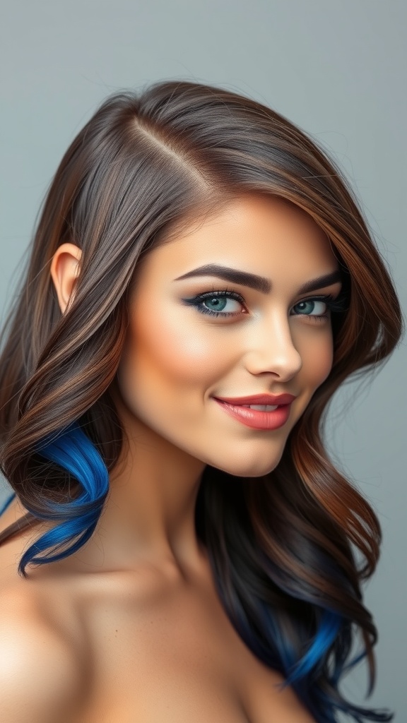A woman with long brown hair featuring electric blue highlights, smiling brightly.