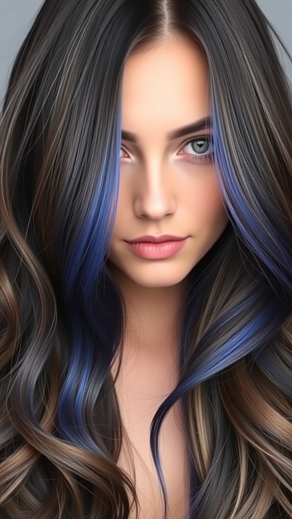 A woman with long brown hair featuring royal blue money pieces, showcasing a stylish and bold hair color contrast.