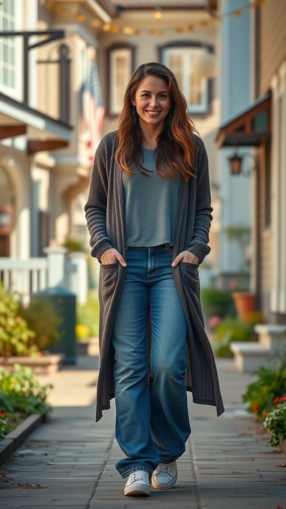 A woman wearing a long gray cardigan and baggy jeans, walking down a charming street.