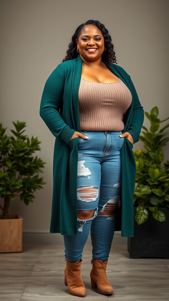 A woman wearing a long green cardigan over a ribbed tank top and distressed jeans, smiling confidently.