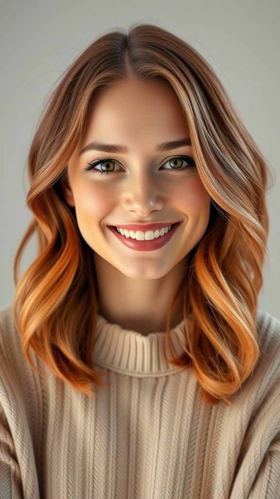 A woman with long, wavy cinnamon hair, smiling in a cozy sweater.