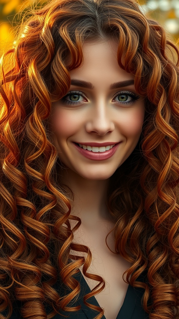 A woman with long, vibrant copper curls smiling warmly.