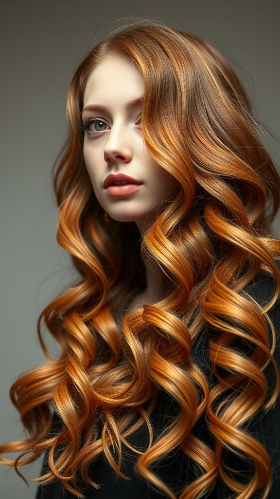 Long ginger curls with honey blonde ends, showcasing vibrant colors and beautiful curls.