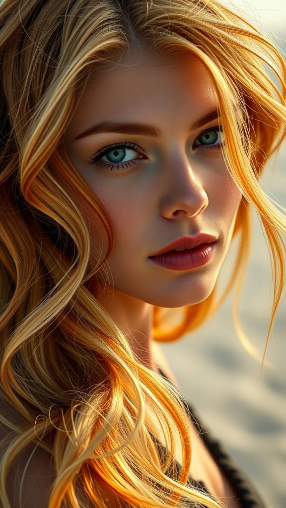 A close-up of a woman with long ginger hair featuring blonde highlights, showcasing vibrant waves and a natural glow.