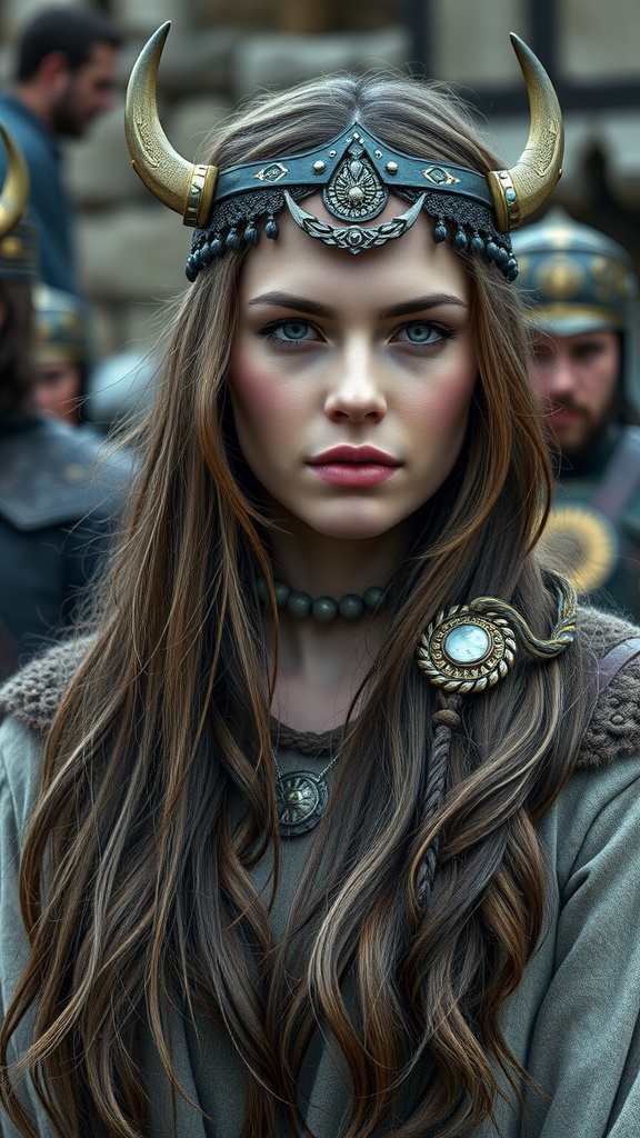 A woman with long hair wearing a Viking-inspired headpiece with horns and intricate designs.