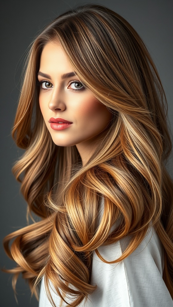 A woman with long, layered honey tea brown hair styled in soft waves, showcasing warm hair tones.
