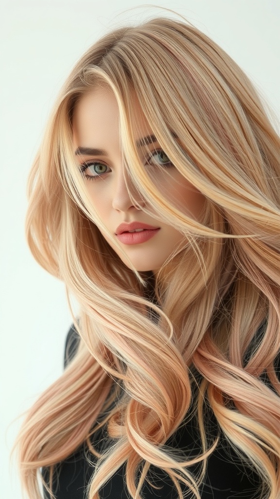 Long layered hair with mixed pink and blonde waves, showcasing a soft glam vibe.