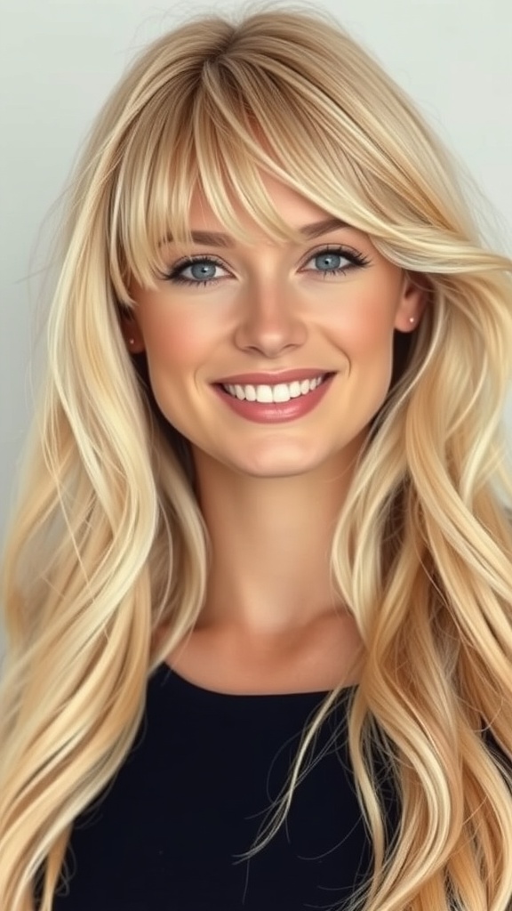 A woman with long layered vanilla blonde hair and curtain bangs, smiling brightly.