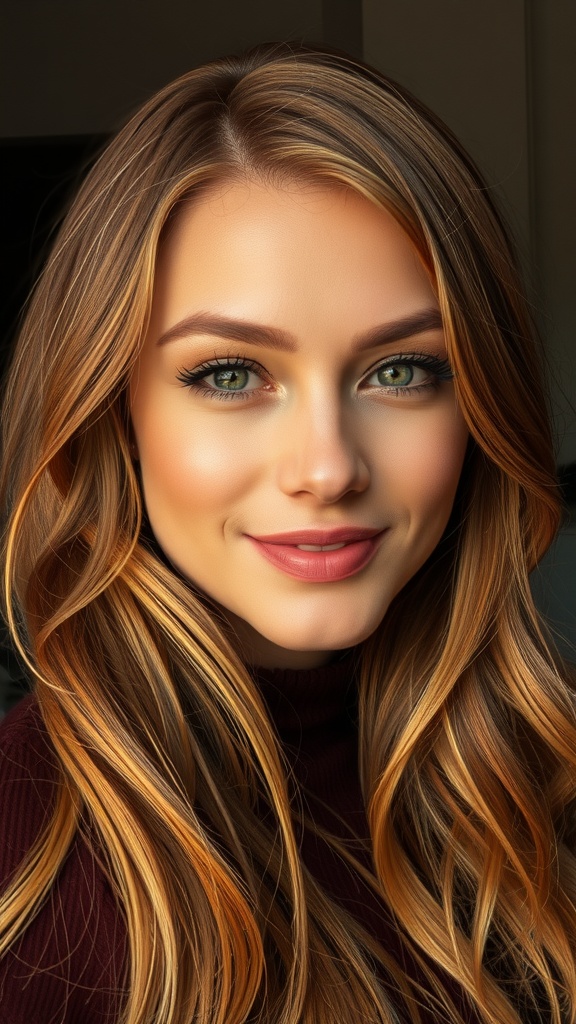 A close-up of a woman with long layers of copper hair featuring blonde highlights, smiling softly.