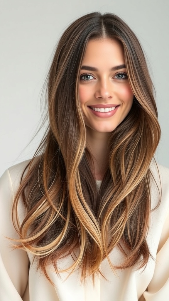A woman with long layers of brown hair featuring blonde balayage highlights, smiling and looking stylish.