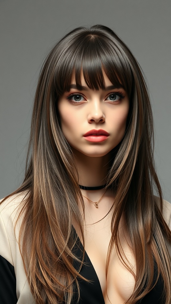 A model with long layered hair and bold bangs, showcasing a 90s hairstyle.