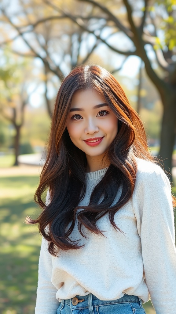 A woman with long layered hair and face-framing pieces, smiling outdoors.