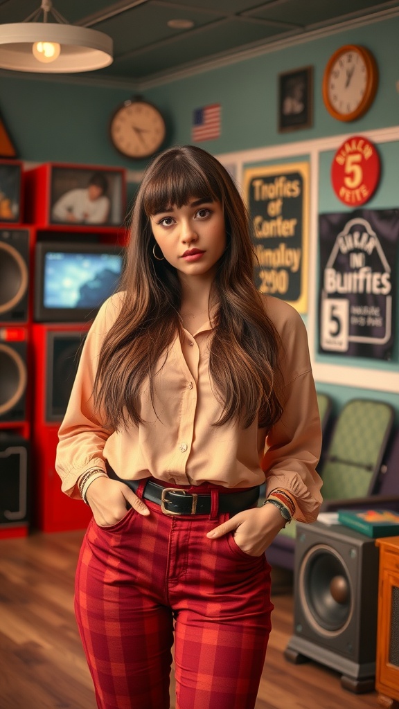 A young woman with long layered hair and side swept bangs, dressed in a casual outfit, standing in a retro-themed room.