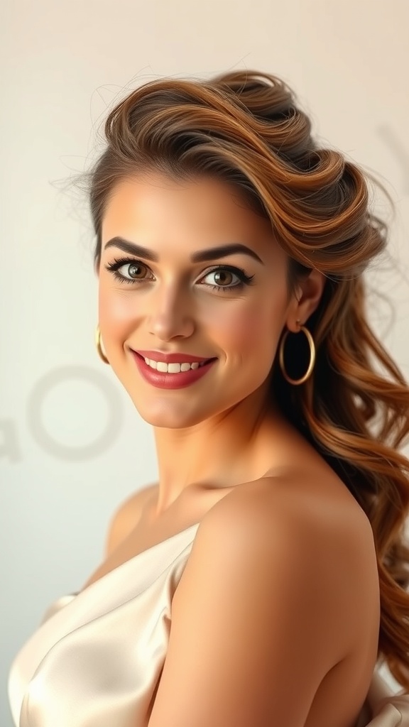A model with long layered hair styled in soft curls, showcasing a glamorous look.