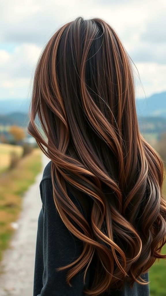 Long layers of light chocolate brown hair with subtle ombre, flowing in waves