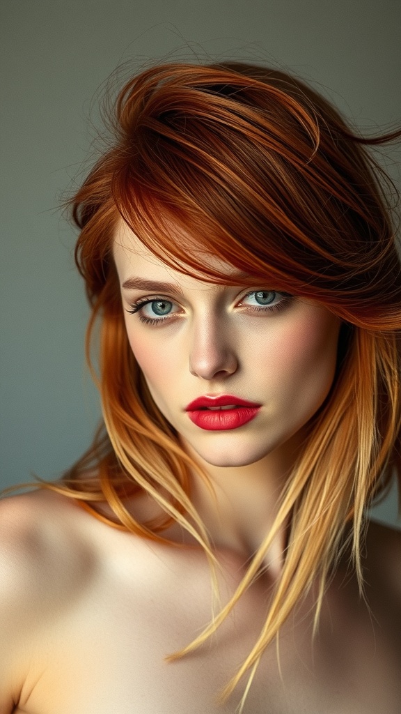 A woman with long red hair featuring blonde underlights, showcasing a vibrant and stylish look.