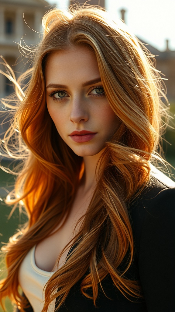 A woman with long red hair styled in soft waves, featuring golden blonde highlights.