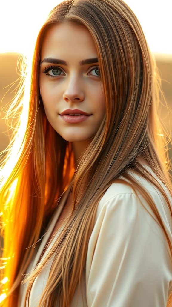 A woman with long silky layers of honey tea brown hair, glowing in natural light.